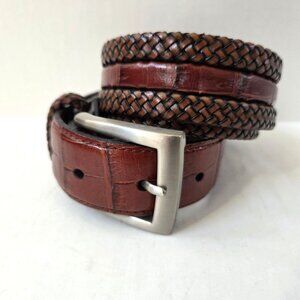 Brighton Belt Mens 32 Brown Leather Braided Croc Embossed Western Preppy